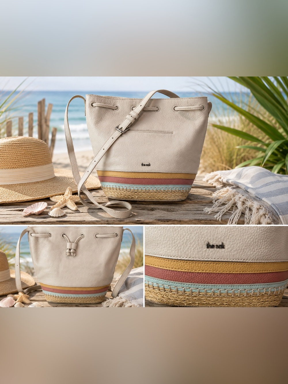 The Sak Ivy Leather Drawstring Bucket Bag cream coastal with striped woven trim - Picture 2 of 13